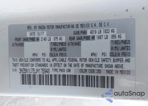 2018 Mazda Mazda3 Sport из США, поврежденный, VIN 3MZBN1U75JM176948